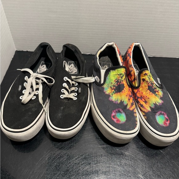 VANS 2 Pairs, Black Checkered Lo's/Black multicolored Hi tops. Women's 9 - Picture 1 of 9